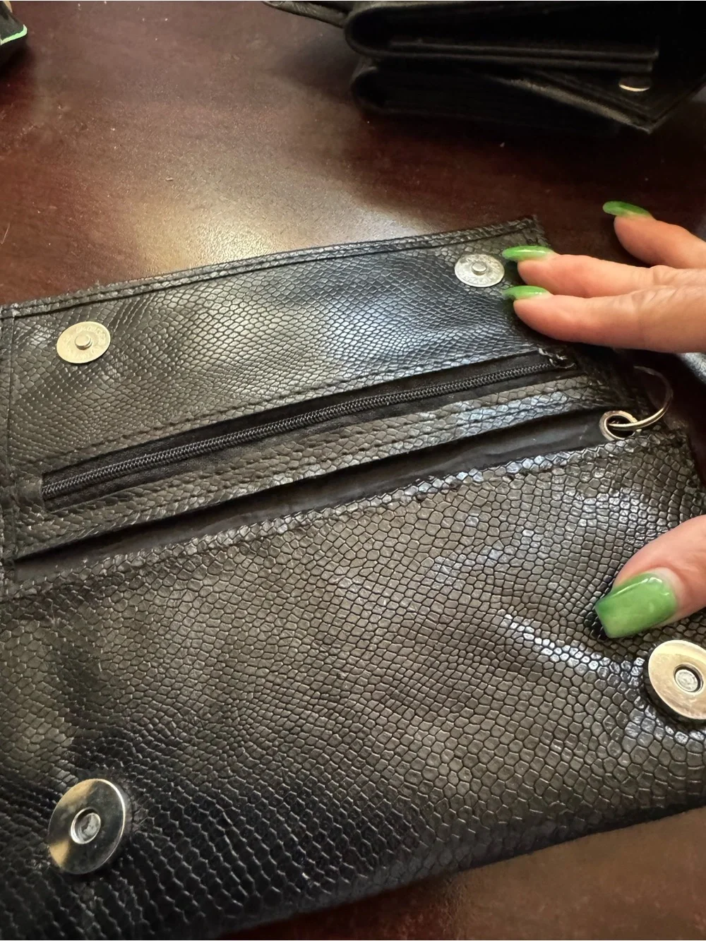 Black Textured Leather Wristlet Clutch